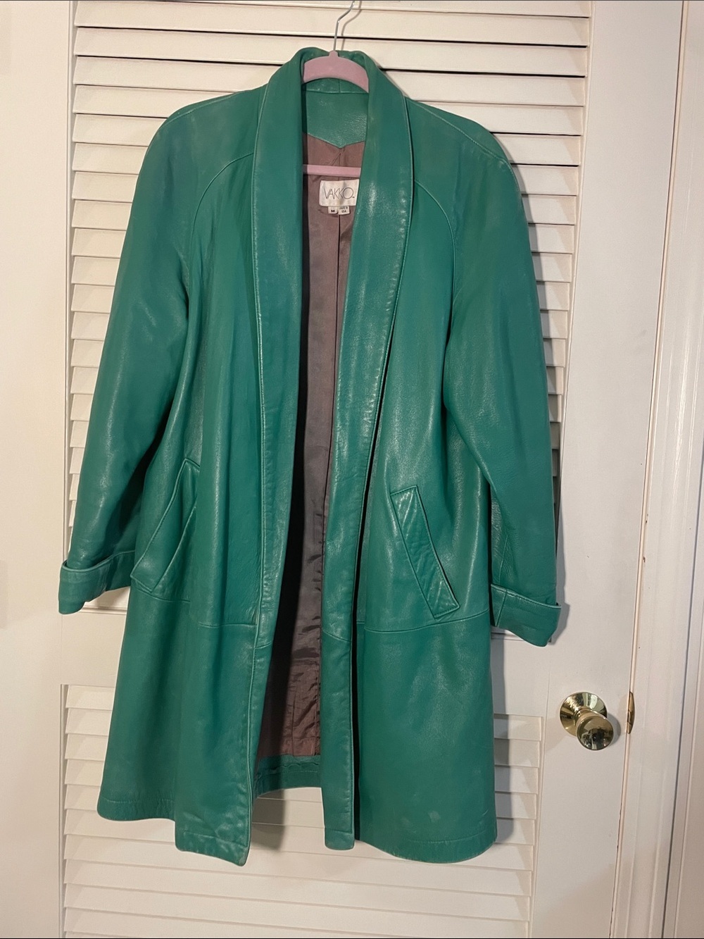 Vakko Retro Statement Green Leather Longline Open Coat
